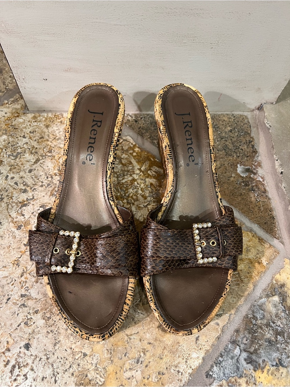 J. Renee Kala Brown Snakeskin Rhinestone Buckle Wedge Sandals